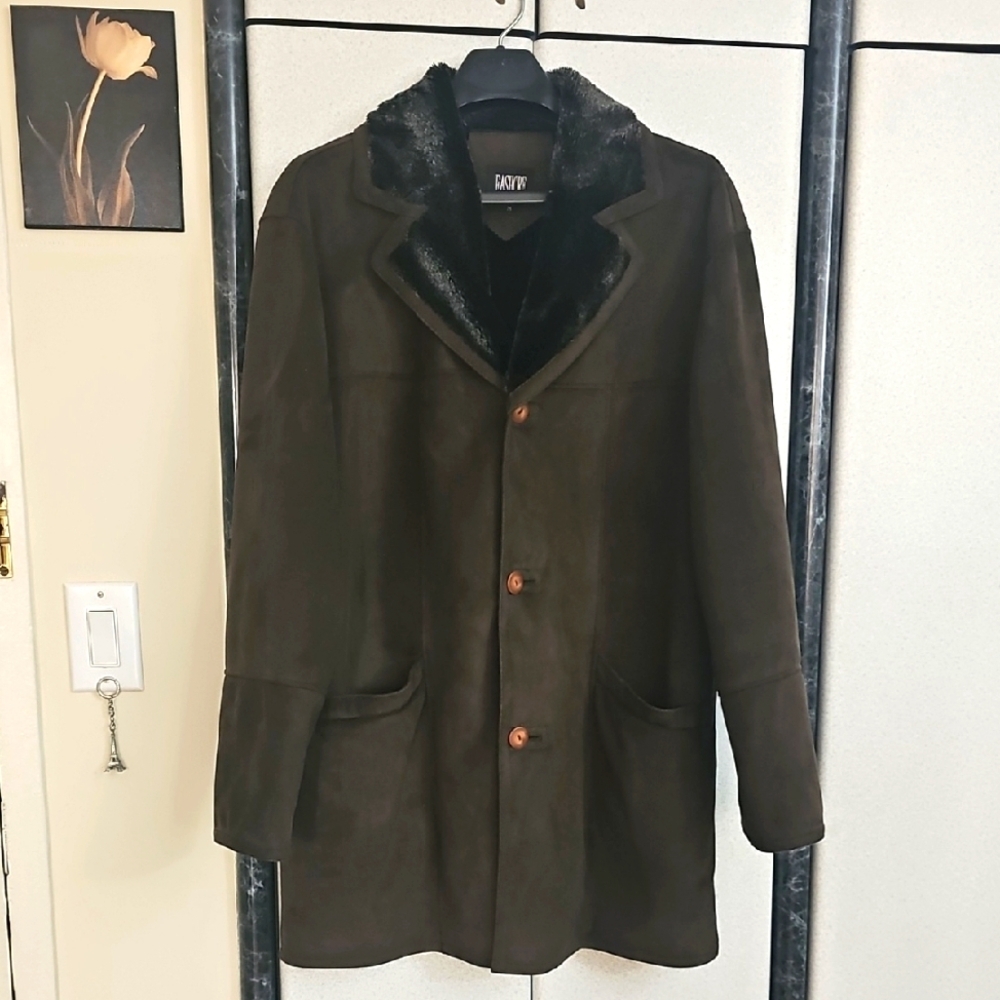 Mens Faux Shearling Coat with Wide Lapel Collar, FASHCRE, Size M